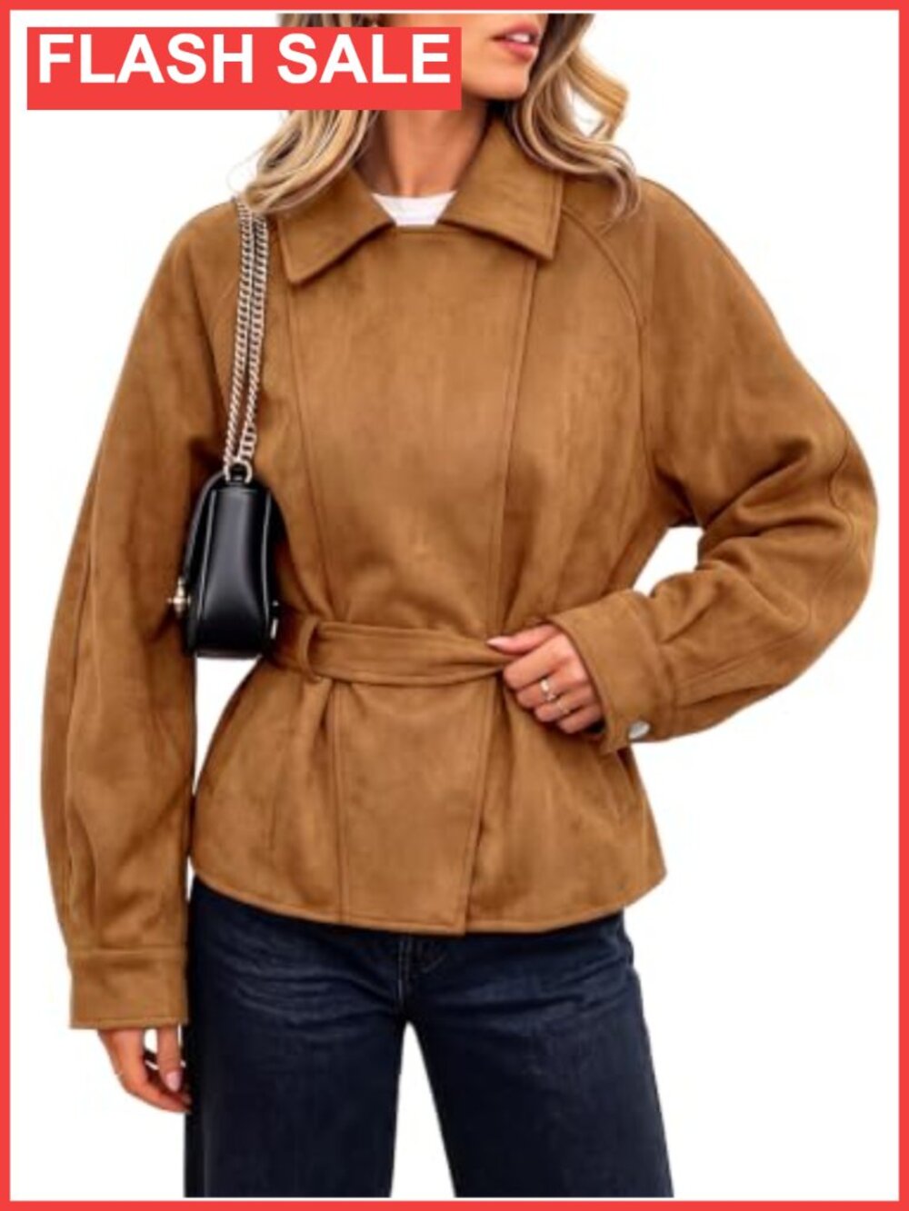 Faux Suede Cropped Trench Coat Lapel Collar Double Breasted Belted Jacket